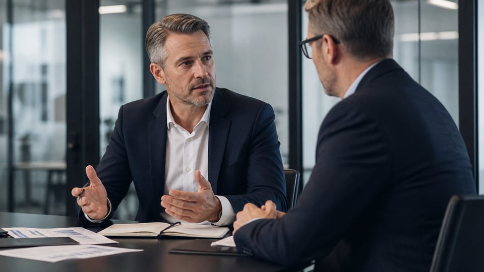 An adviser talking through a client matter across a meeting table