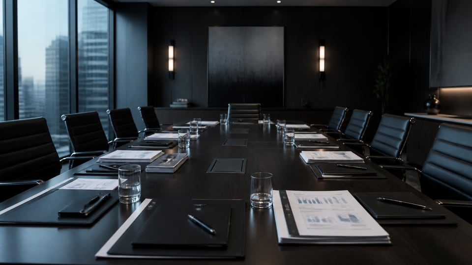 A dark boardroom set with documents ahead of a meeting