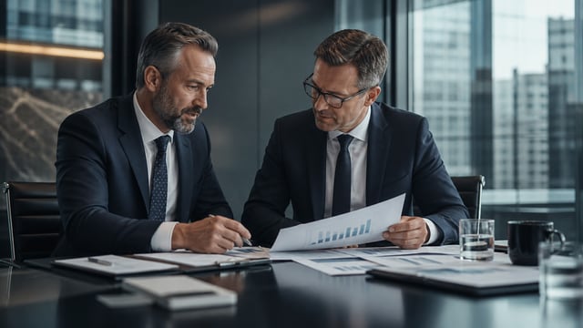 Two advisers reviewing financial documents together at a boardroom table