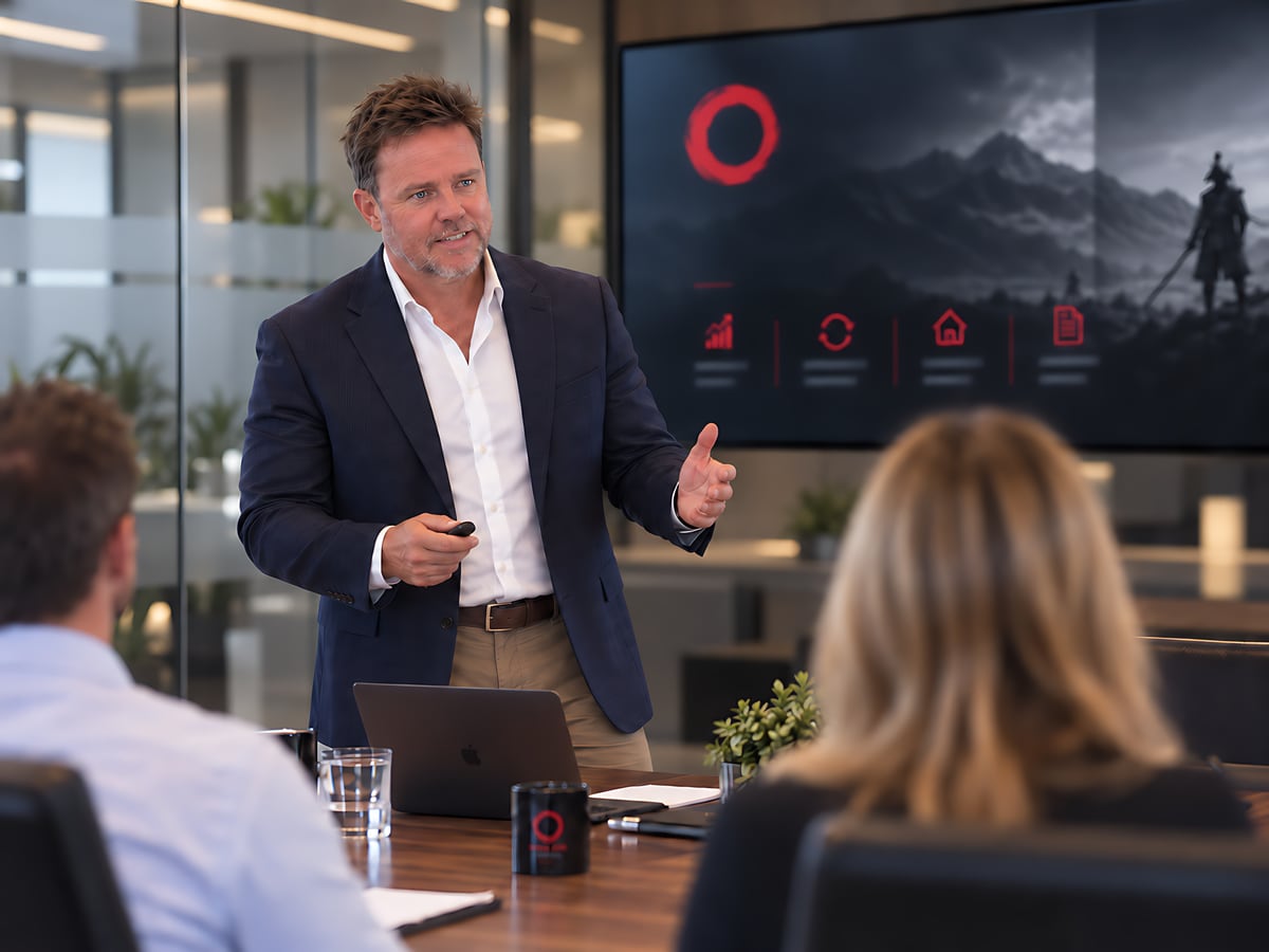 Cameron Wright presenting a finance review to clients in a meeting room